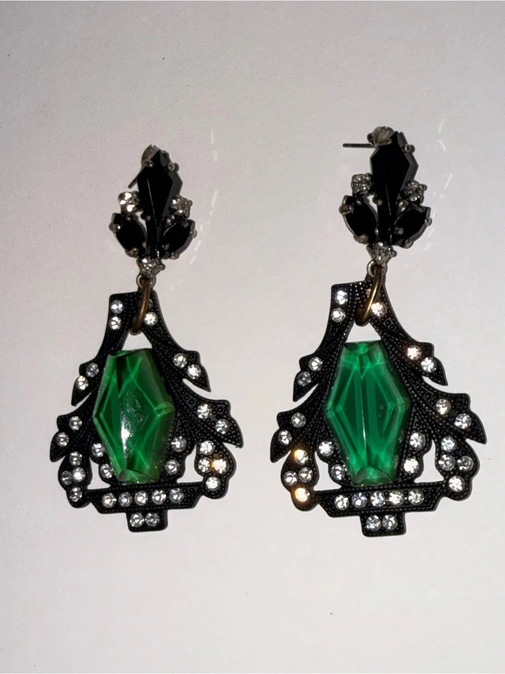 Lulu Frost Emerald Green and Black Art Deco Drop Earrings